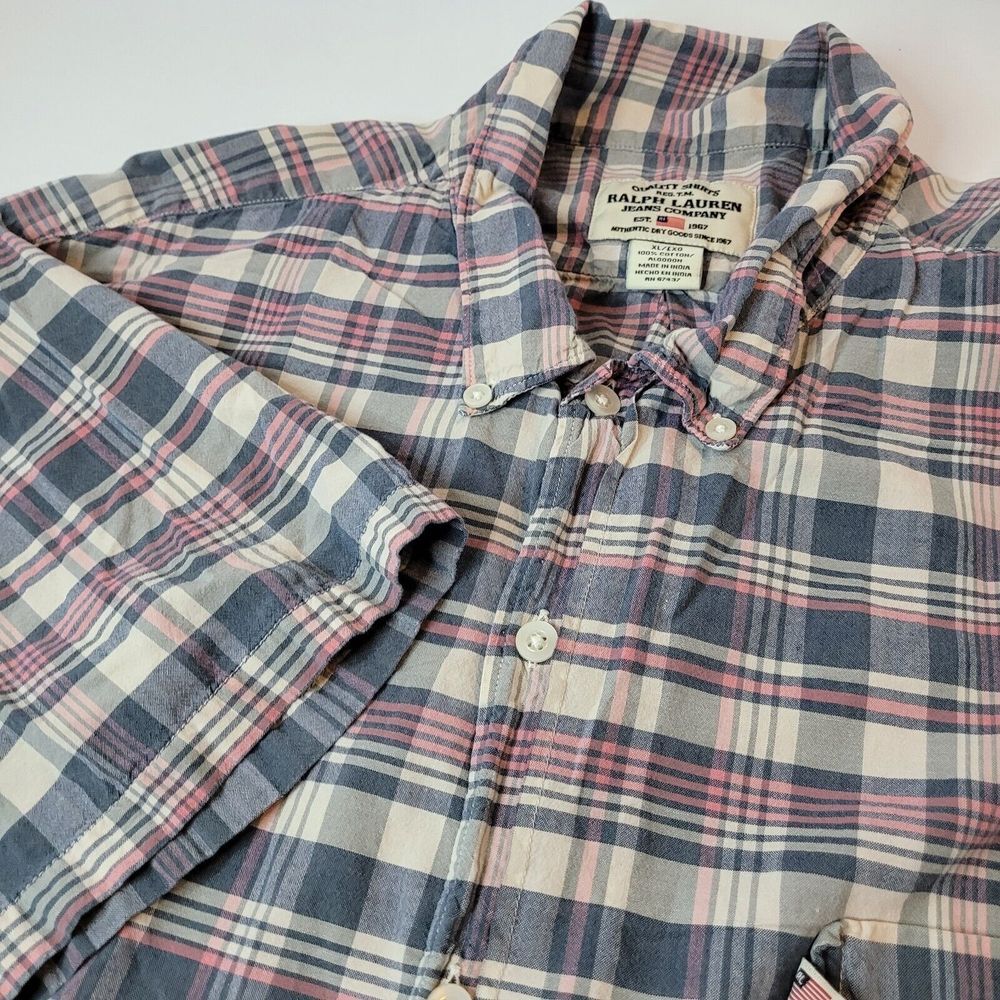 Ralph Lauren Button Down Shirt Mens XL Blue Pink Plaid Short Sleeve Excellent